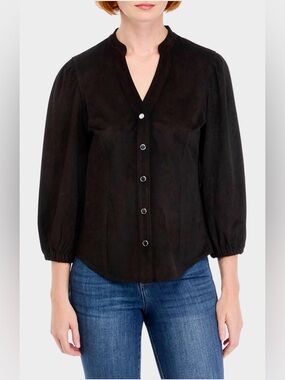 Philosophy Vegan Suede Black Button-Front V-Neck Puff Sleeve Top XS NWT